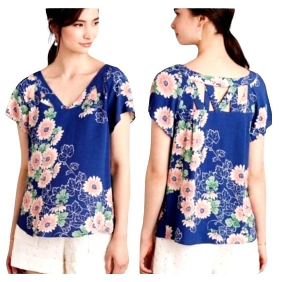 Maeve Anthropologie Tri Cut‎ Blouse Womens 2P Blue Pink Floral Print Cut Out Top - Picture 1 of 10